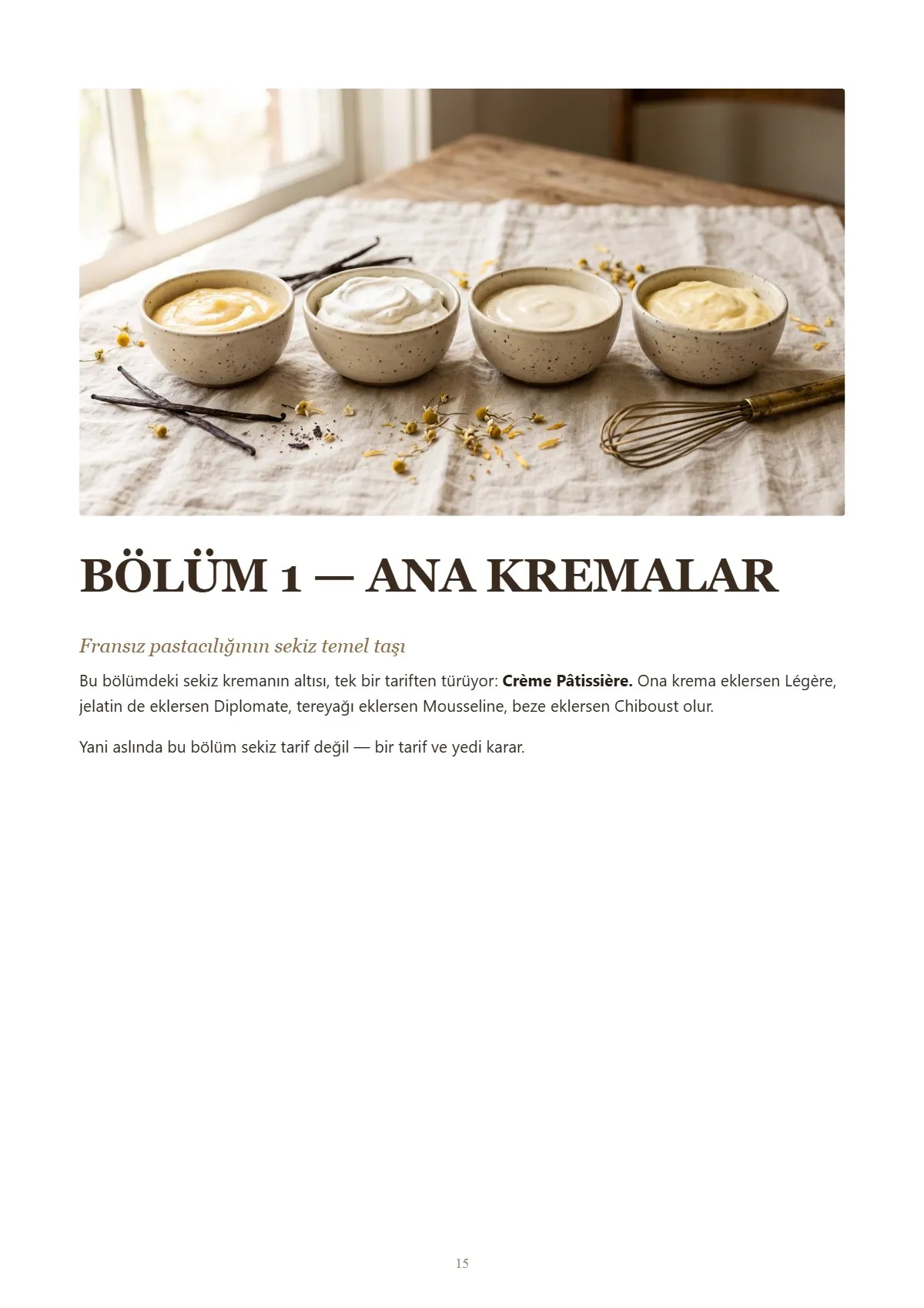 Pastacılık Kreması Kitapçığı, örnek sayfa: Bölüm 1 · Ana kremalar